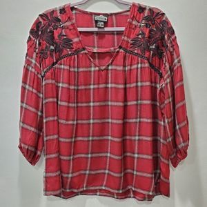 Angie Embroidered Plaid Flannel Peasant Top P147
